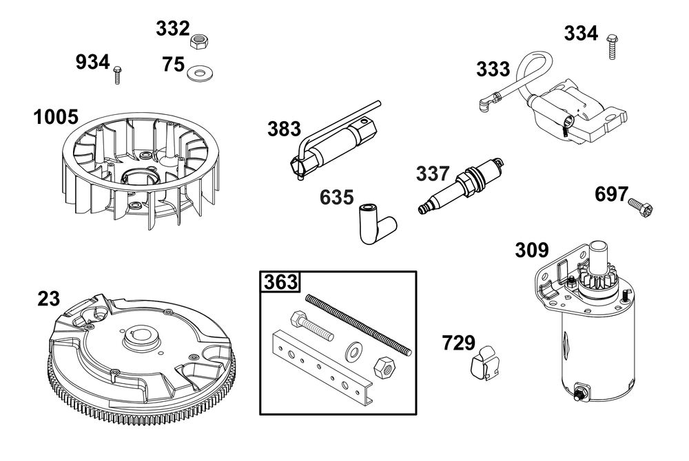 Flywheel, Ignition, And Starter Group Diagram and Parts List for 44C877-0003-B5 400000 - 699999 Briggs and Stratton Engine
